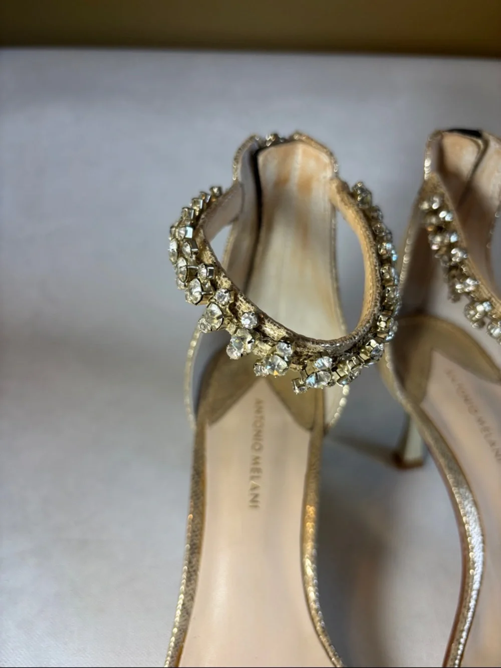 ANTONIO MELANI Gold Rhinestone Ankle-Strap Heels, size 7.5